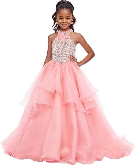 Pink / 18m Sunnypetal Sparkling High Neck Ball Gown Flower Girl Dress with Beaded Bodice