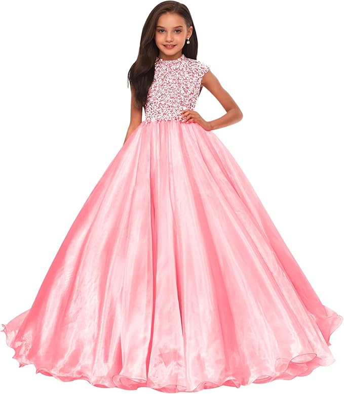 Pink / 18m Sunnypetal Sparkling Hot Pink Ball Gown Flower Girl Dress with Rhinestones Beaded Bodice