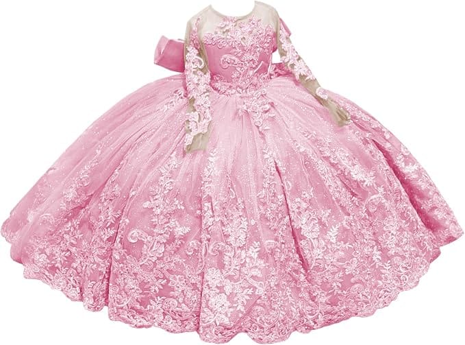 Pink / 18m Sunnypetal Sparkling Long Sleeve Lace Tulle Flower Girl Dress with Glitter Appliqué &amp; Bow