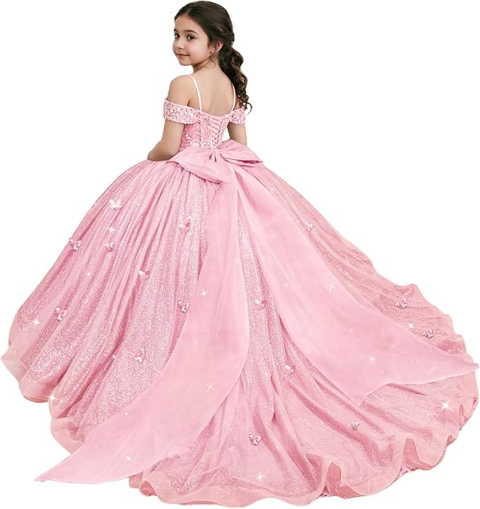 Pink / 18m Sunnypetal Sparkling Off-Shoulder Glitter Tulle Flower Girl Dress with Oversized Bow
