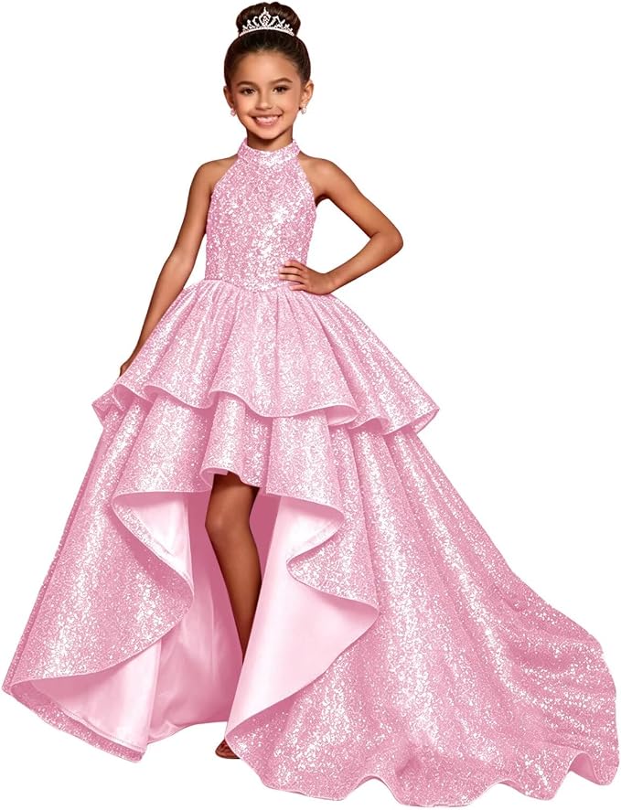 Pink / 18m Sunnypetal Sparkly Sequin Halter High Low Flower Girl Dress Pageant Gown