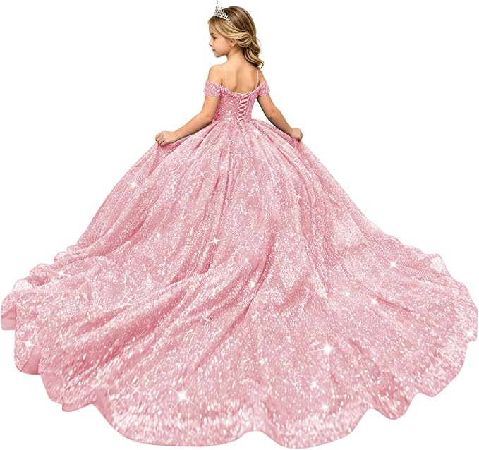 Pink / 18m Sunnypetal Sparkly Sequin Off-Shoulder Princess Ball Gown Flower Girl Dress for Pageant