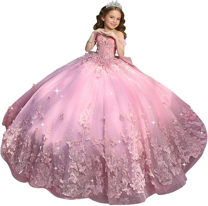 Pink / 18m Sunnypetal Sweetheart Neck 3D Butterfly Tulle Flower Girl Dress with Big Bow