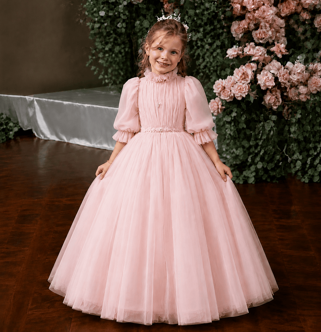 Pink / 3m Dunnypetal Grey Blue Tulle High Neck Flower Girl Dress For Wedding Kids Birthday Party Gown