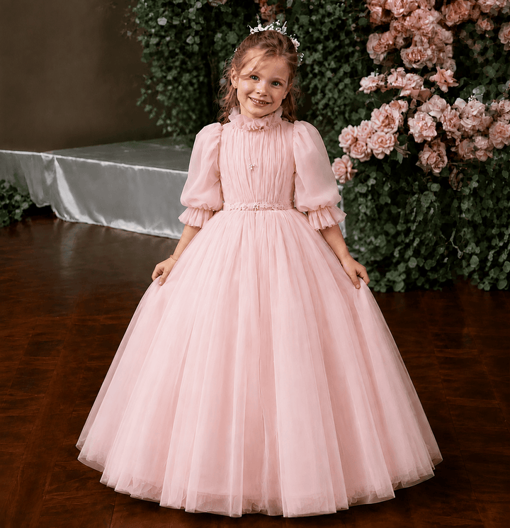 Pink / 3m Dunnypetal Grey Blue Tulle High Neck Flower Girl Dress For Wedding Kids Birthday Party Gown