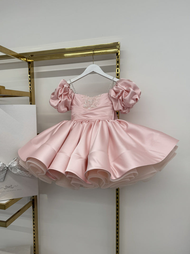 Pink / 3m Sunnypetal Adorable Puff Sleeves Satin Flower Girl Dress Sage Green Knee-Length Ball-Gown for Kids