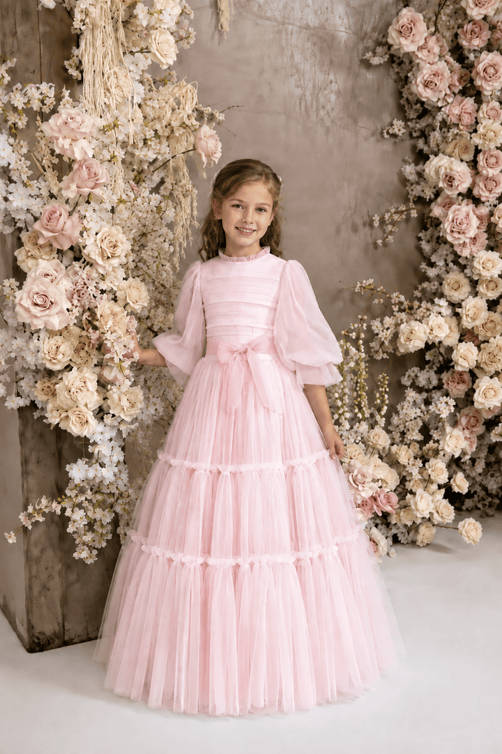 Pink / 3m Sunnypetal Elegant Ivory Tiered Tulle First Communion Dress for Girls with Bow Waist