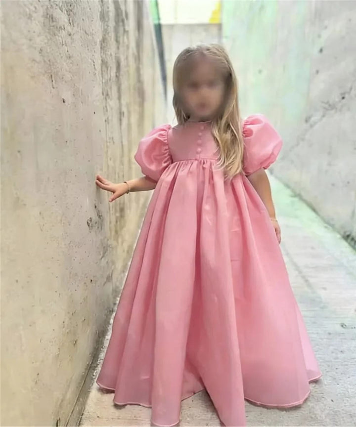 Pink / 3m Sunnypetal Elegant Puffy Sleeve Satin Floor-Length Princess Flower Girl Dresses
