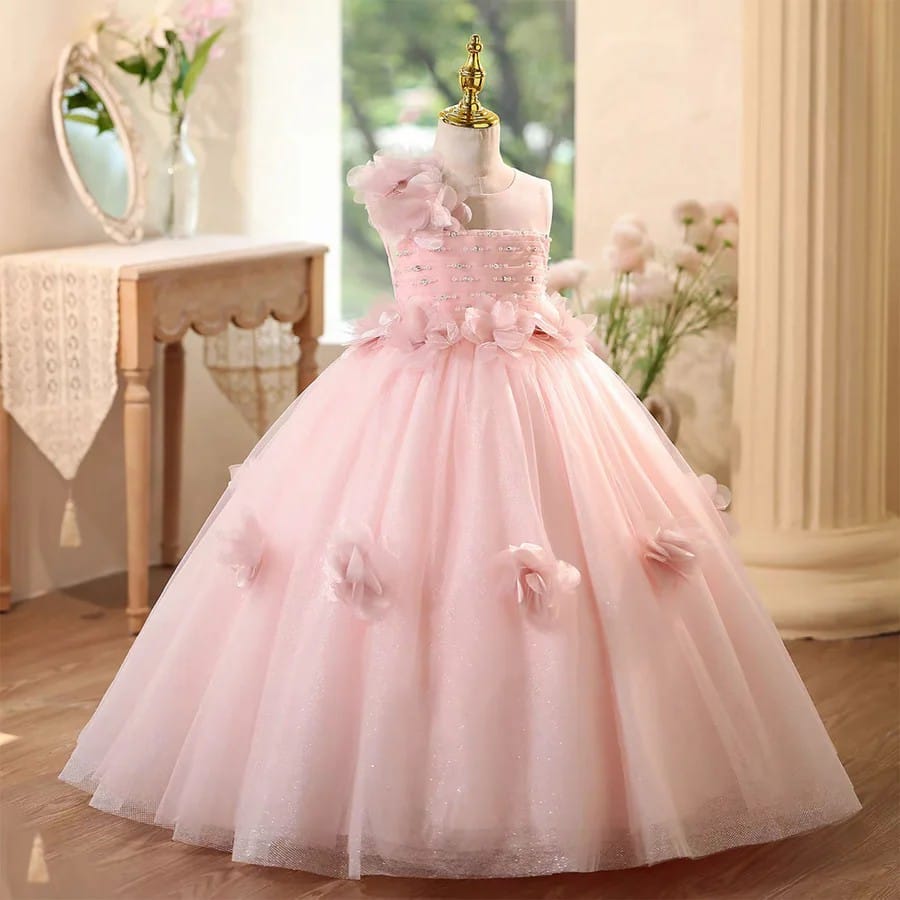 Pink / 3m SunnyPetal Enchanted Pink Tulle Ball Gown Flower Girl Dress with 3D Floral Appliqués
