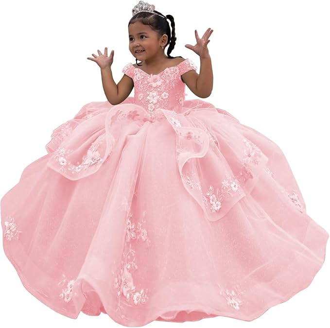 Pink / 3m Sunnypetal Enchanted Sage Green Tulle Ball Gown Flower Girl Dress with Floral Appliqués