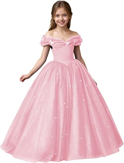 Pink / 3m Sunnypetal Exquisite Off-Shoulder Tulle Flower Girl Dress for Special Occasions