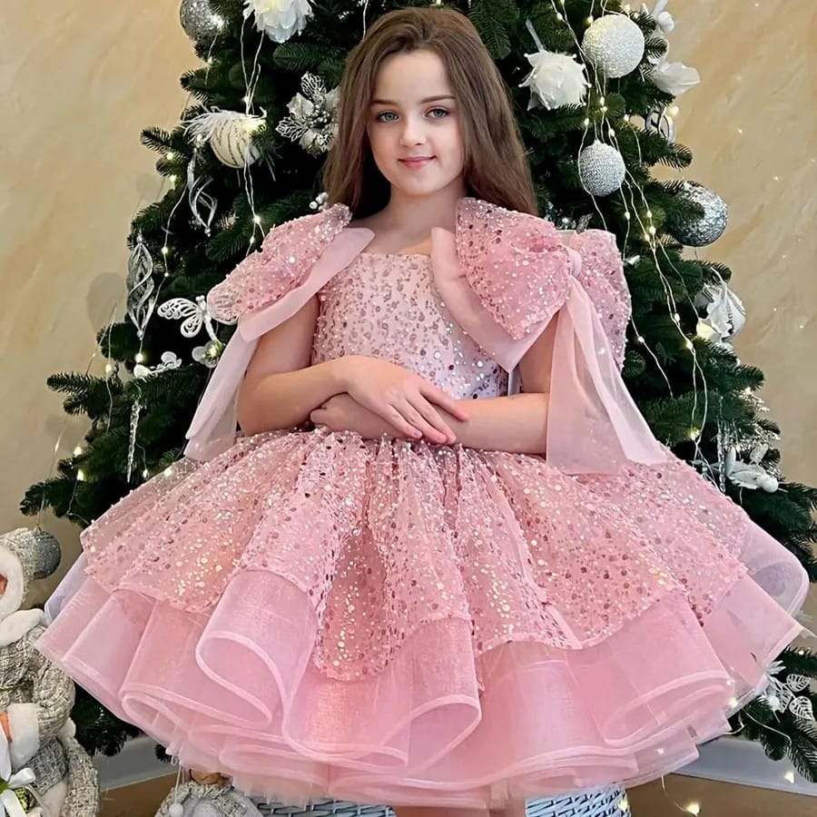 Pink / 3m Sunnypetal Glitter Sequin Tulle Knee-Length Flower Girl Dresses