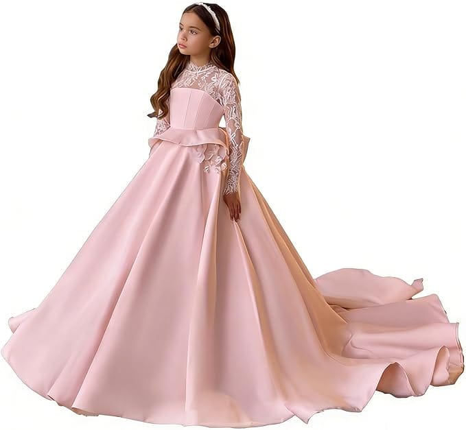 Pink / 3m Sunnypetal Long Sleeves Lace Appliques Long Princess Satin Communion Dress with 3D Flowers