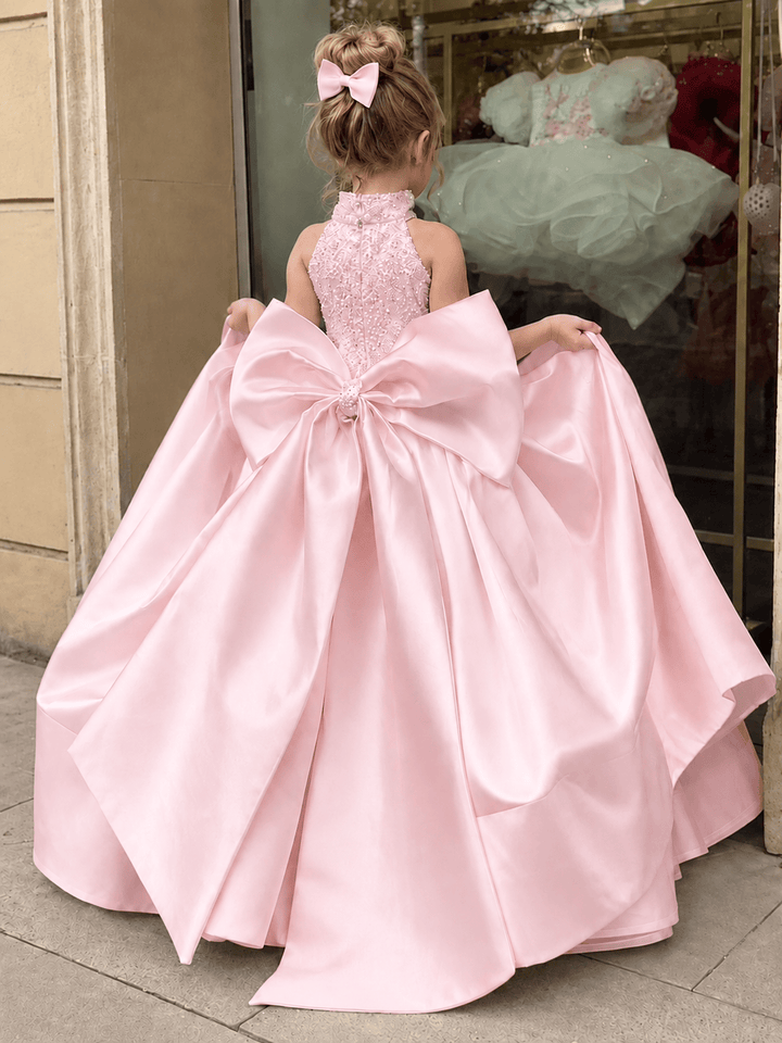 Pink / 3m Sunnypetal Luxury Ivory Satin Flower Girl Dress with Embellished Bodice &amp; Oversized Bow