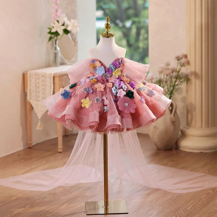Pink / 3m Sunnypetal Luxury Pink Off Shoulder Ruffle Layered Flower Girl Dress with Big Bow Back