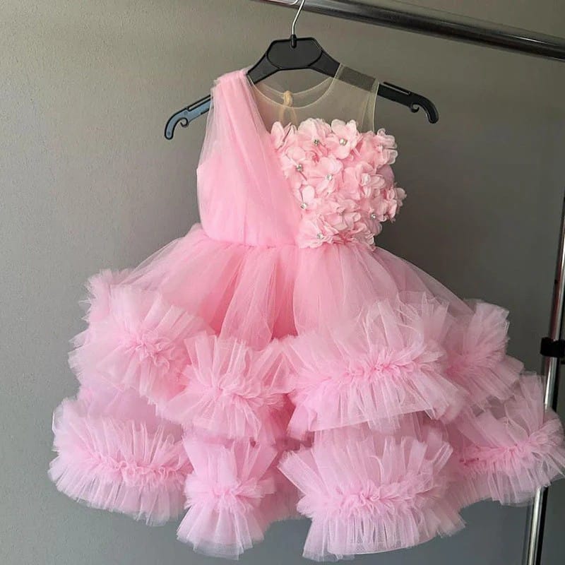 Pink / 3m Sunnypetal Pink Illusion Neckline Sleeveless Tulle Ball Gown Flower Girl Dress