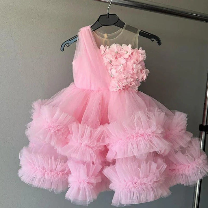 Pink / 3m Sunnypetal Pink Illusion Neckline Sleeveless Tulle Ball Gown Flower Girl Dress