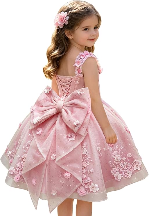 Pink / 3m Sunnypetal Sweetheart 3D Floral Lace Appliqué Short Flower Girl Dress witn Bow