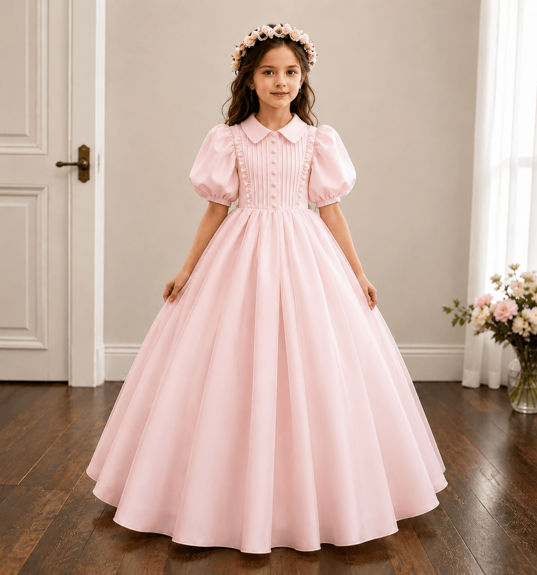 Pink / 3m Sunnypetal Vintage Ivory Puff Sleeve Princess Flower Girl Dress for First Communion