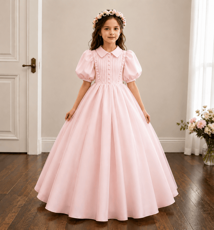 Pink / 3m Sunnypetal Vintage Ivory Puff Sleeve Princess Flower Girl Dress for First Communion