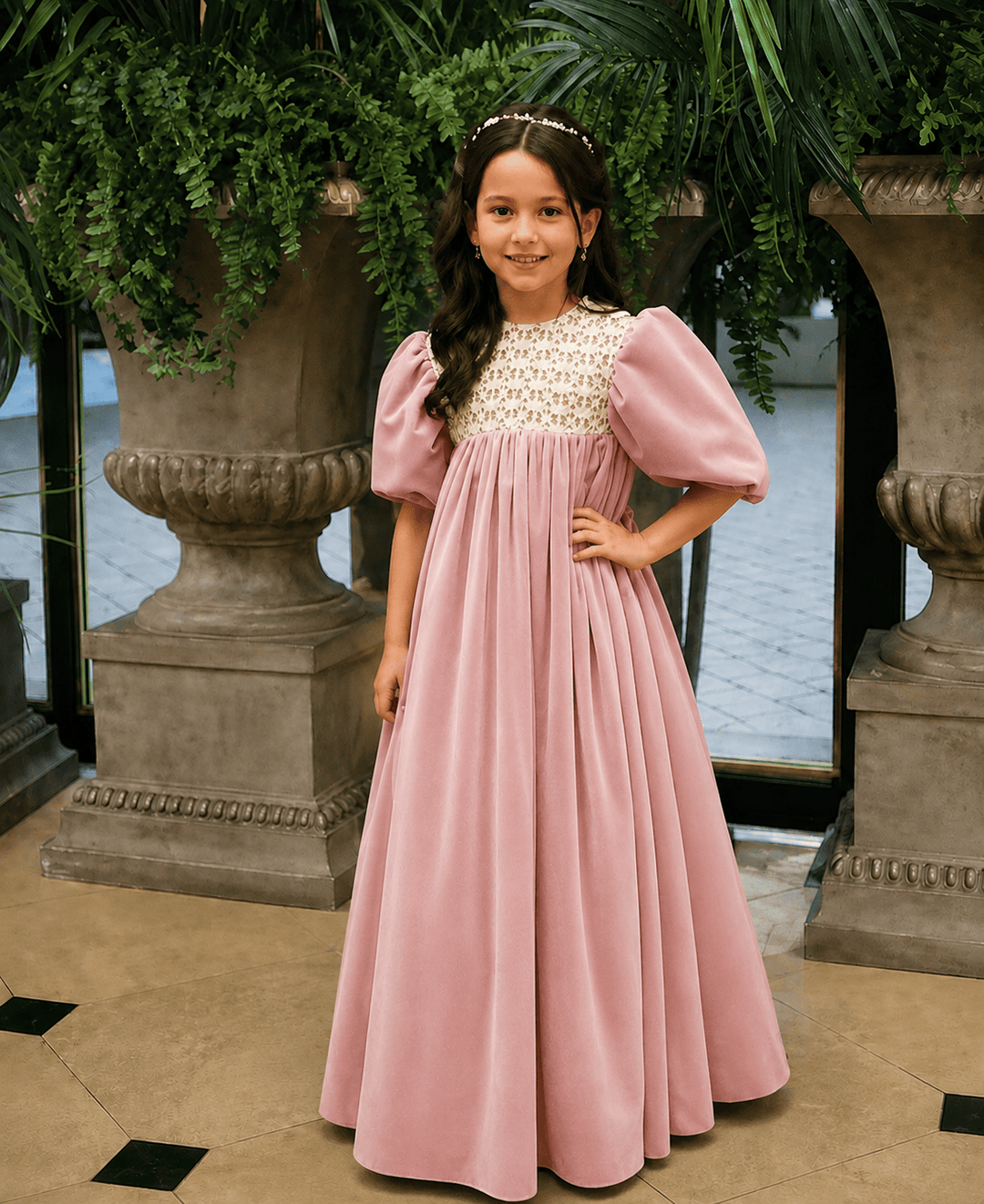 Pink / 3m Sunnypetal Vintage Velvet Lace Puff Sleeve Flower Girl Dress Long Princess Gown