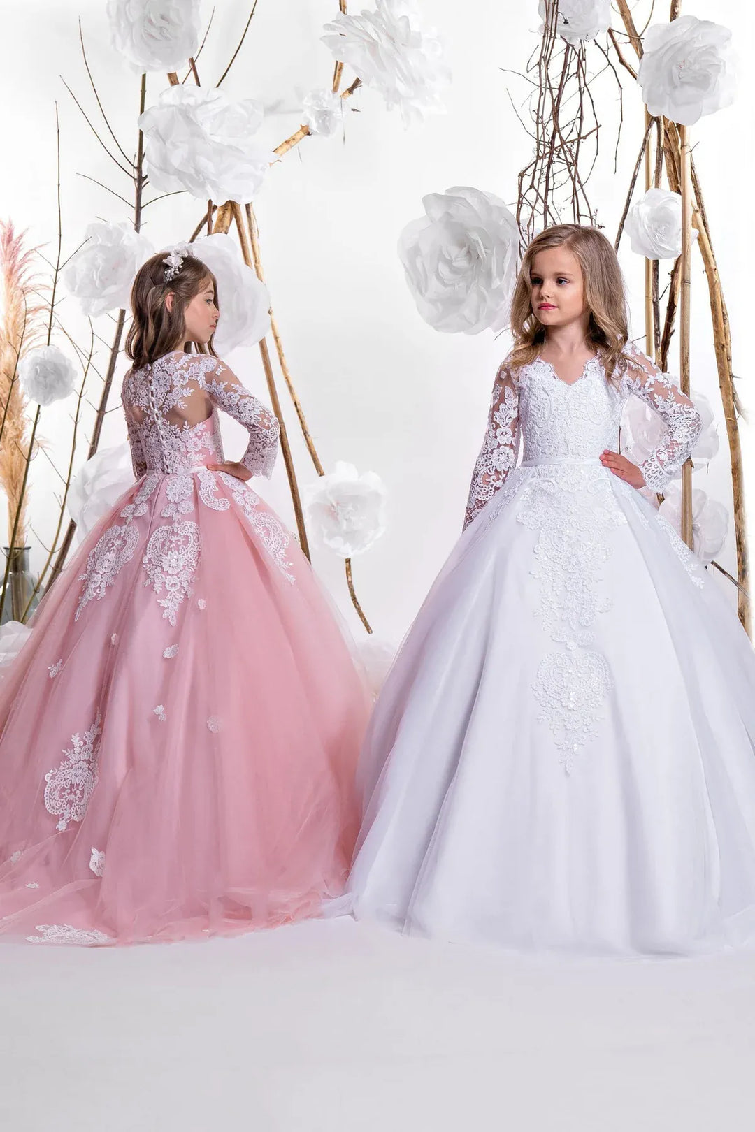 Pink / 3m Sunnypetal White Lace Long Sleeves Flower Girls Dress for Communions