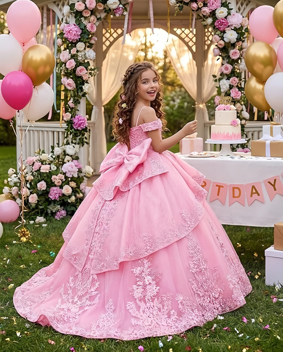Pink / 3m TinyTulle Elegant Lace Appliqué Layered Tulle Pageant Flower Girl Ball Gown with Bow