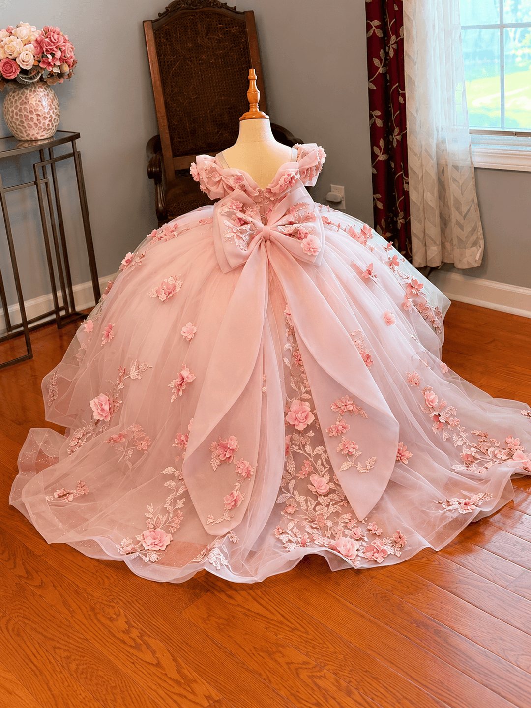 Pink / 9m Sunnypetal Exquisite Floral Appliqué Tulle Ball Gown Flower Girl Dress with Oversized Bow