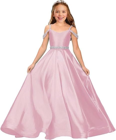 Pink / 9m Sunnypetal Luxury Off-Shoulder Satin Rhinestone Flower Girl Princess Gown