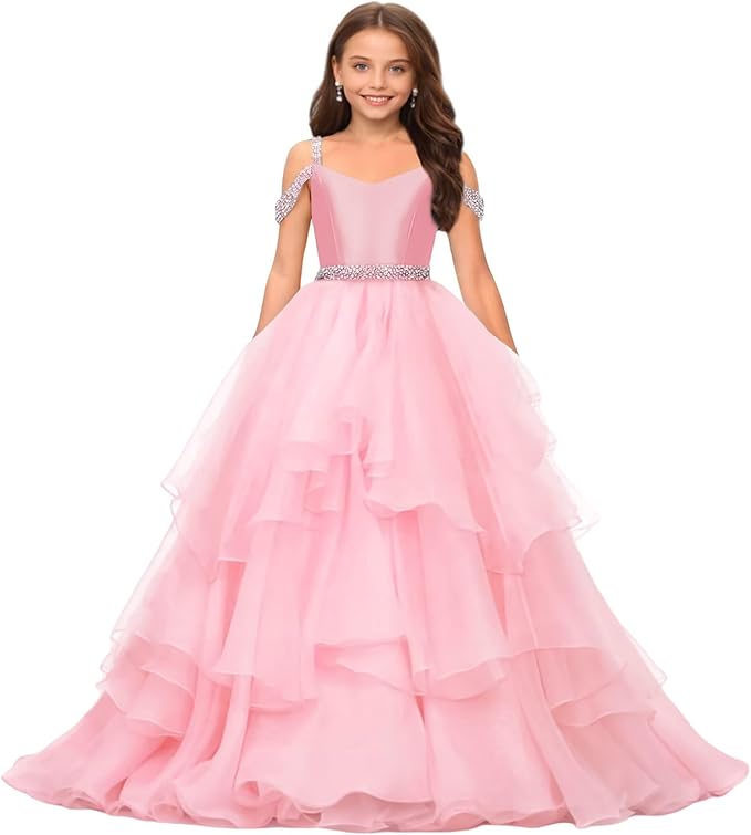 Pink / 9m Sunnypetal Off-Shoulder Sweetheart Puffy Tulle Flower Girl Dress with Beaded Details