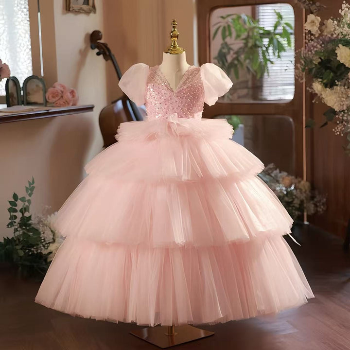 Pink / 9m Sunnypetal Pink Puff Sleeves Tiered Tulle Princess Flower Girl Dress with Sequin and Beaded