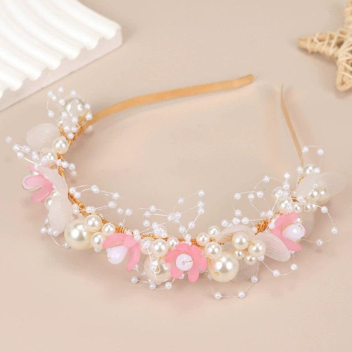 Pink Sunnypetal Children's hHairband Pearl Flower Headband Hand-Woven Headdress