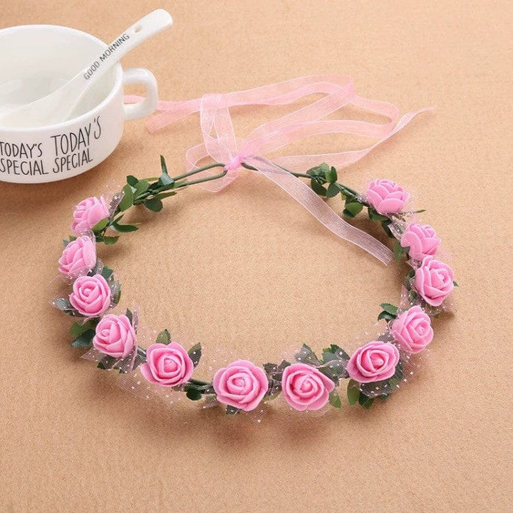 Pink Sunnypetal Girl Flower Headpiece Bohemian Lace Foam Headband for Wedding Party Birthday