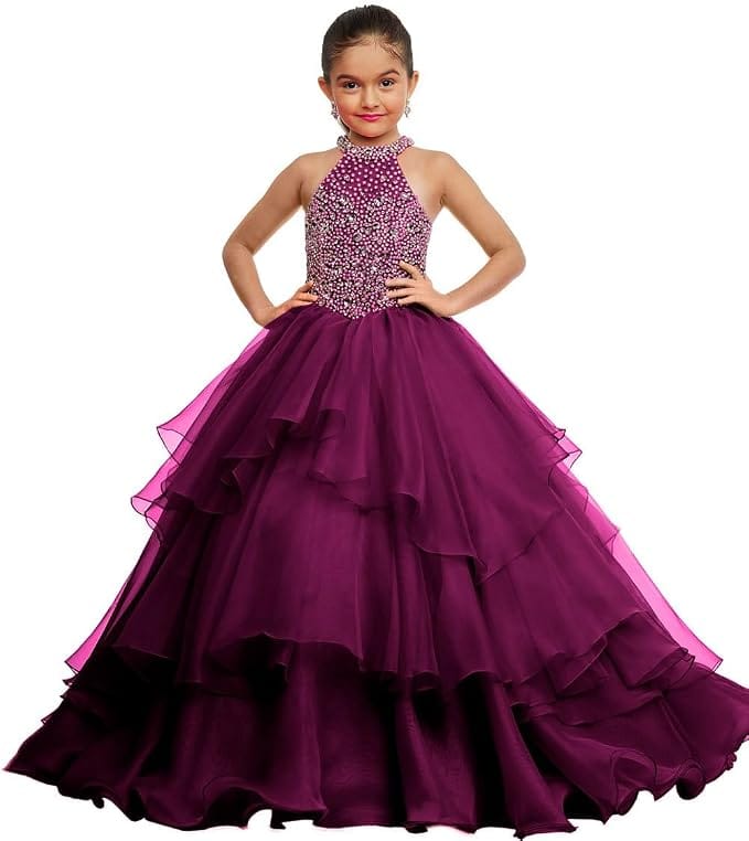 Plum / 18m Sunnypetal Layered Organza Princess Ball Gown Flower Girl Dress for Pageant &amp; Party