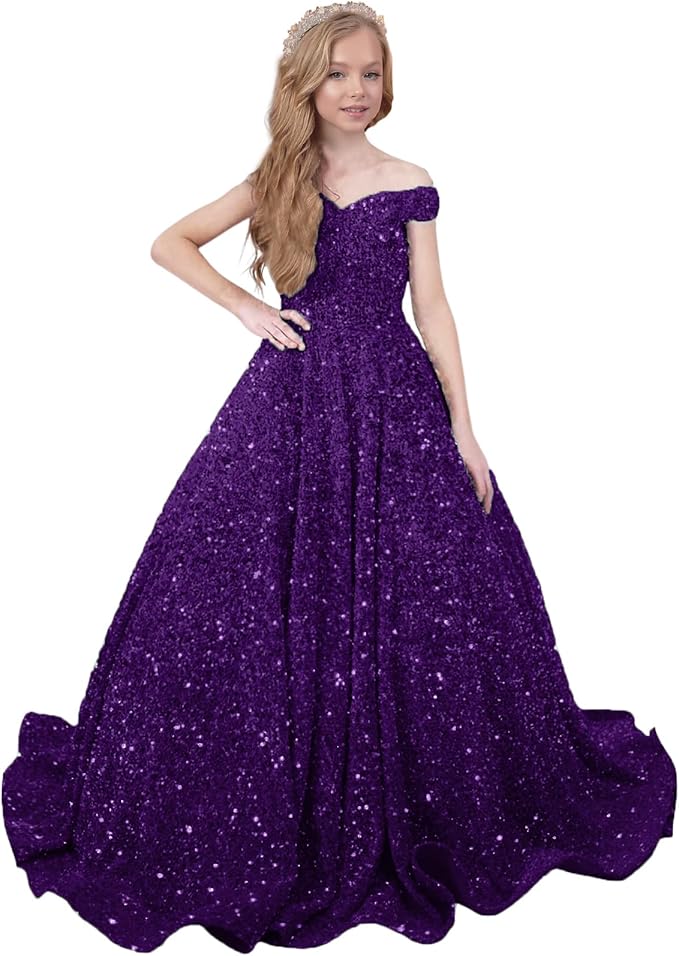 Plum / 18m Sunnypetal Sparkly Sequin Pageant Dresses Off Shoulder Flower Girl Dress Kids Wedding Ball Gown