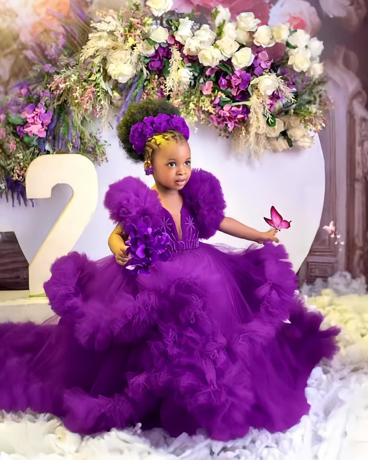 Purple / 12m Sunnypetal Lavender Ruffles Tulle Flower Girl Dresses Baby Kids Pageant Gowns