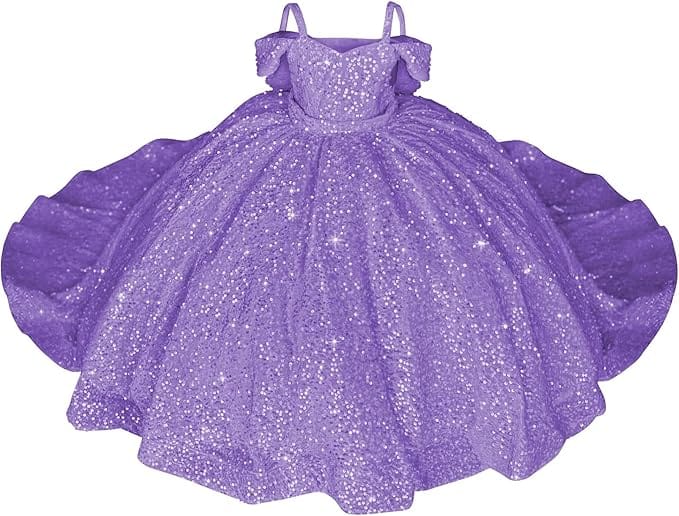 Purple / 18m Sparkly Off-Shoulder Sequin Flower Girl Pageant Dress Princess Ball Gown with Bow