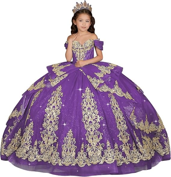 Purple / 18m Sunnypetal Elegant Gold Appliqué Off-Shoulder Flower Girl Dress with Tassel Details