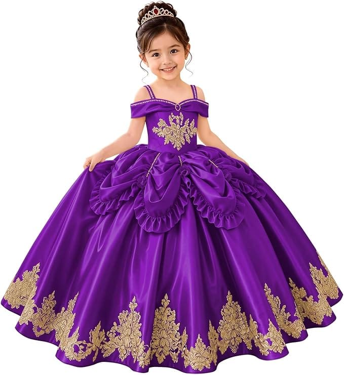 Purple / 18m Sunnypetal Elegant Golden Satin Princess Flower Girl Dress with Bow