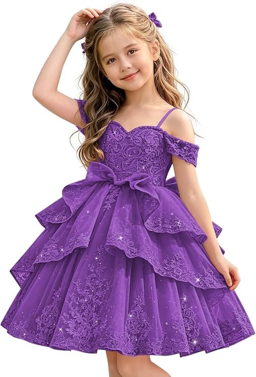 Purple / 18m Sunnypetal Elegant Sweetheart Lace Applique Princess Bow Flower Girl Pageant Dress