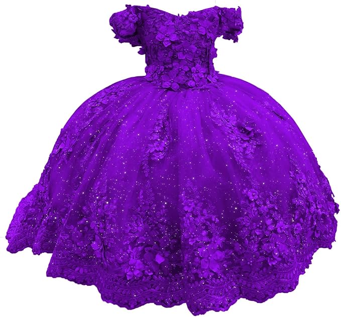 Purple / 18m Sunnypetal Enchanted Ice Blue Tulle Ball Gown Flower Girl Dress with 3D Floral Appliqués