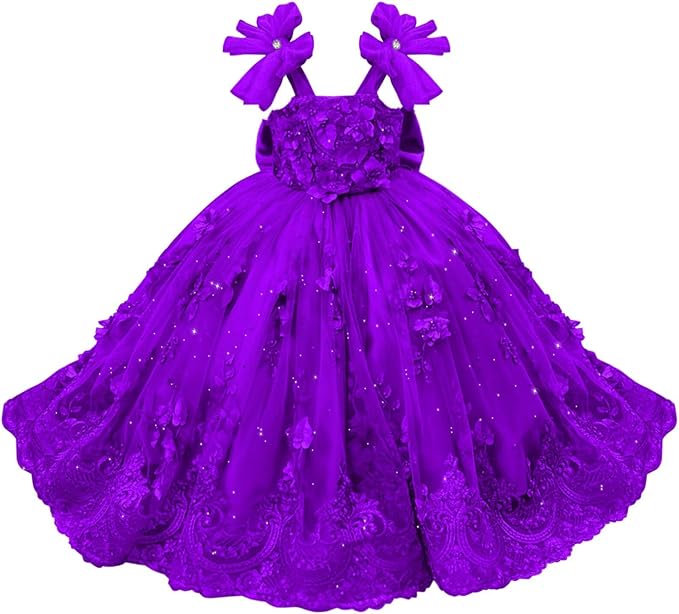 Purple / 18m Sunnypetal Enchanted Mint Green Tulle Ball Gown Flower Girl Dress with 3D Floral Appliqués