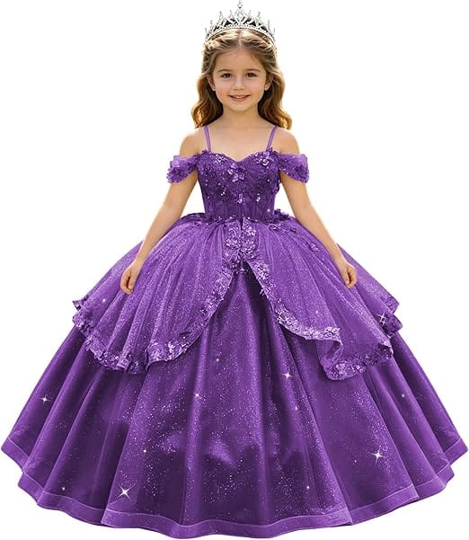 Purple / 18m SunnyPetal Enchanted Sage Green Off-Shoulder Lace Appliqué Tulle Flower Girl Gown