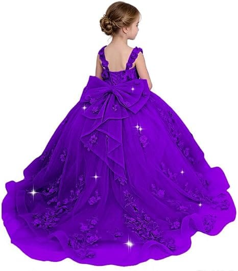 Purple / 18m Sunnypetal Exquisite Off-Shoulder 3D Floral Glitter Tulle Ball Gown Flower Girl Dress with Bow