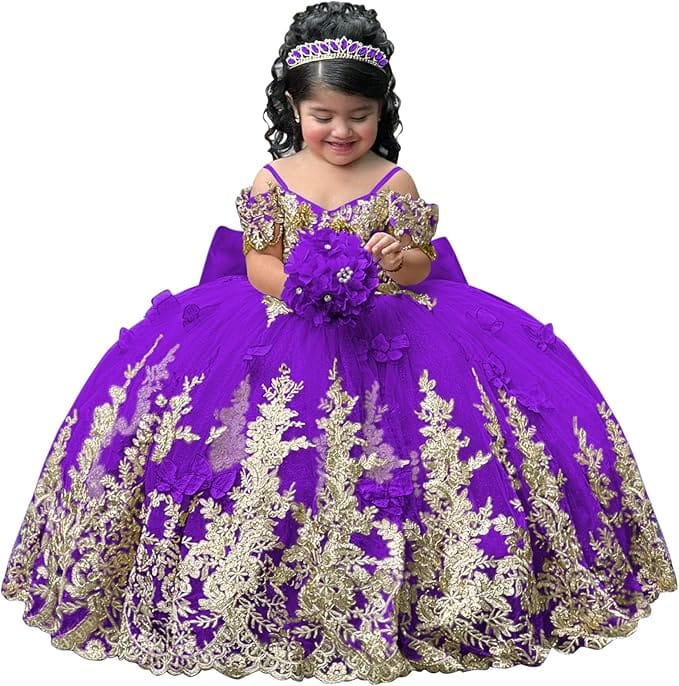 Purple / 18m Sunnypetal Gorgeous Gold Appliqués Tulle Flower Girl Ball Gown with Bow and 3D Butterflies