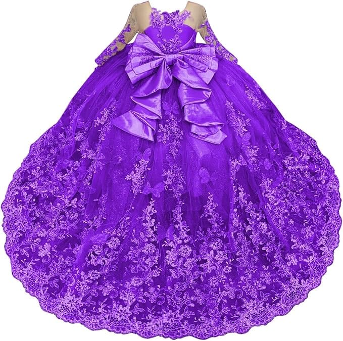 Purple / 18m Sunnypetal Lace Long Sleeve Ball Gown Flower Girl Dress with 3D Butterflies and Satin Bow