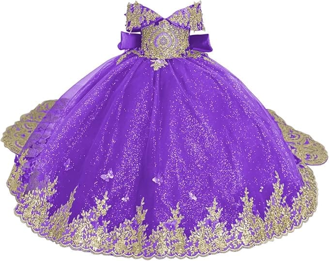 Purple / 18m Sunnypetal Luxury Emerald Green Lace Appliqué Tulle Ball Gown Flower Girl Dress with Royal Train
