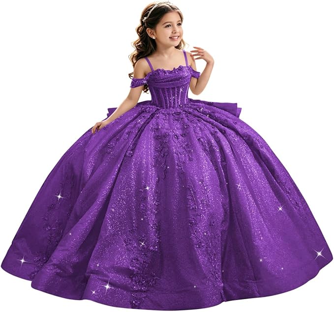 Purple / 18m Sunnypetal Luxury Glitter Tulle Off-Shoulder Ball Gown Flower Girl Dress with Train