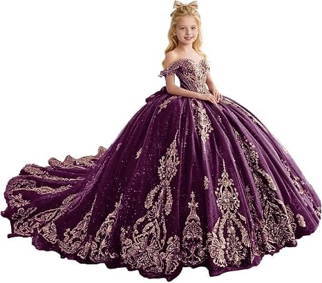 Purple / 18m Sunnypetal Luxury Gold Appliqué Glitter Tulle Flower Girl Gown with Oversized Bow