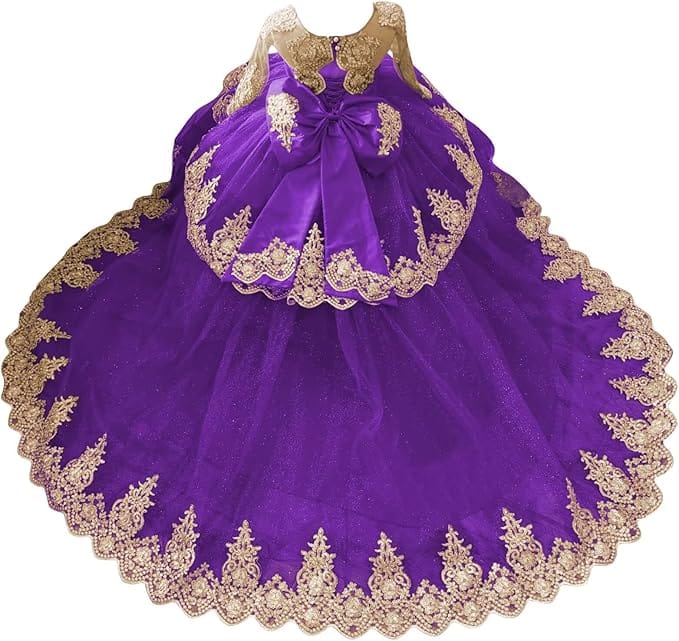 Purple / 18m Sunnypetal Luxury Gold Lace Appliqué Tulle Ball Gown Flower Girl Dress with Royal Train